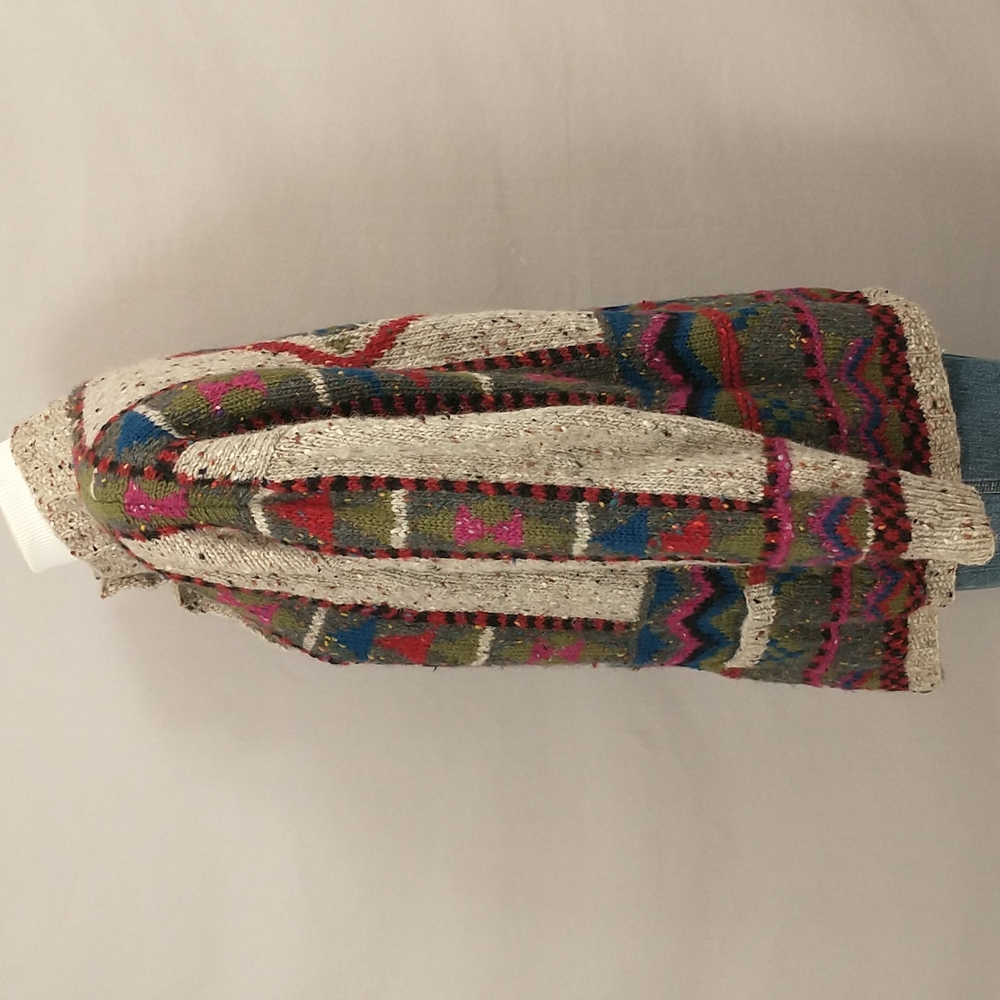Colorful Handknit Cardigan Sweater Natural Undyed Wool Pockets Bold Pattern SeeM - Picture 4 of 13